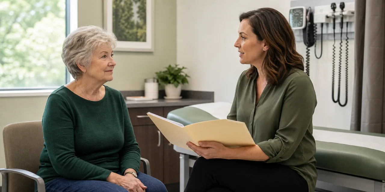 Older woman speaking with a research coordinator in a clinical exam room.